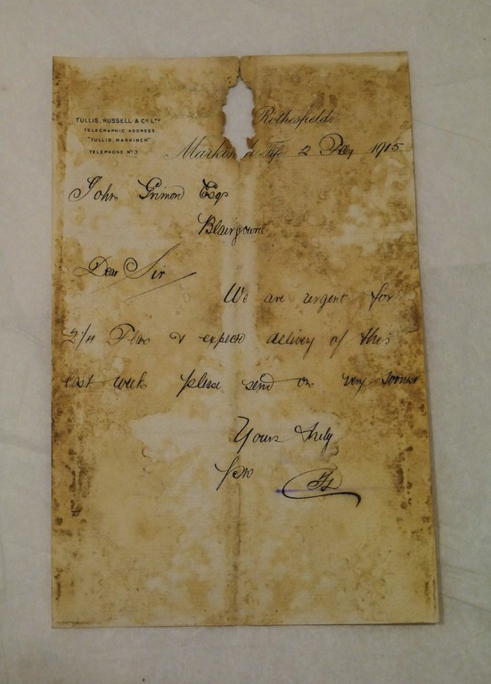 Letter to John Grimond Esq. from Tulis, Russell & Co., dated 2nd Feb 1915 DUNIH 2017.1.22.6