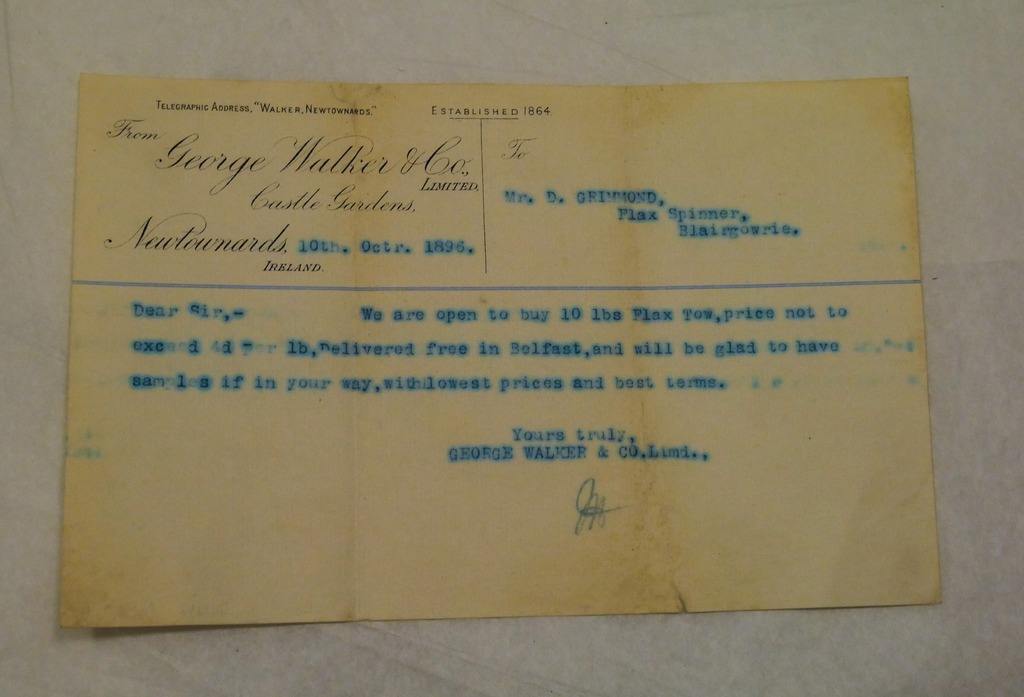 Telegram from George Walker & Co. to D. Grimond, dated 10th October 1896 DUNIH 2017.1.23