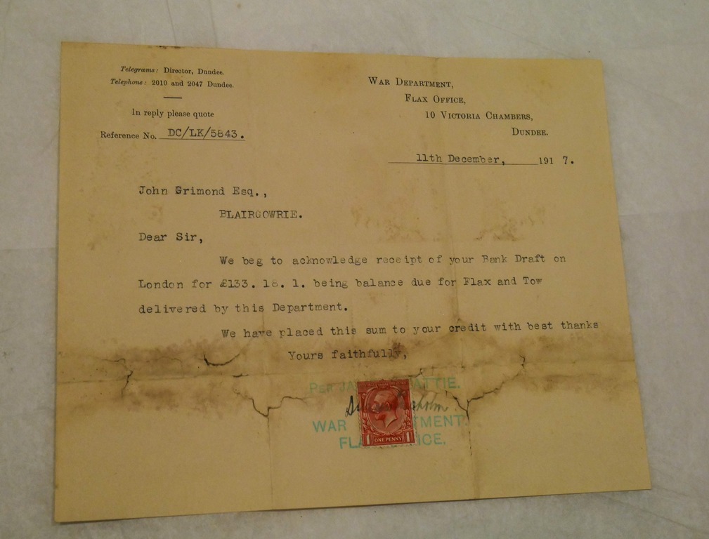 Telegram from War Department, Flax Office, dated 11th Dec 1917 DUNIH 2017.1.24