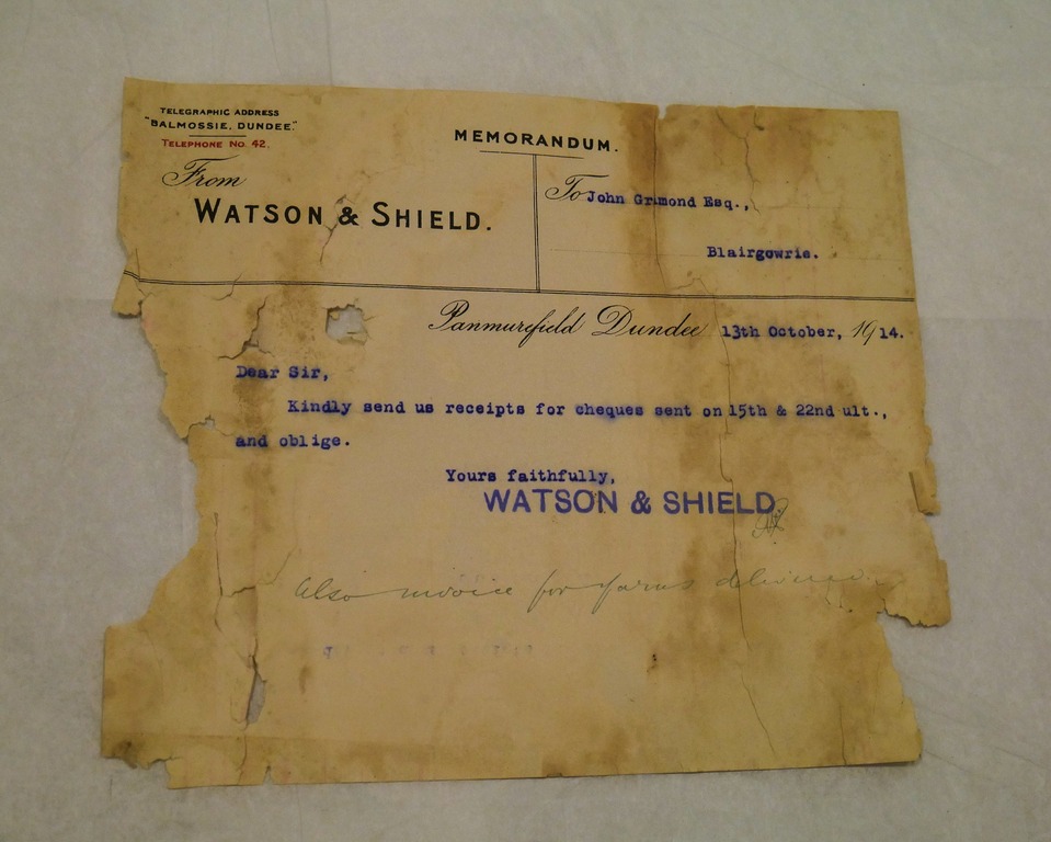 Memonrandum from Watson & Shield to John Grimond, dated 13th October 1914 DUNIH 2017.1.25.3