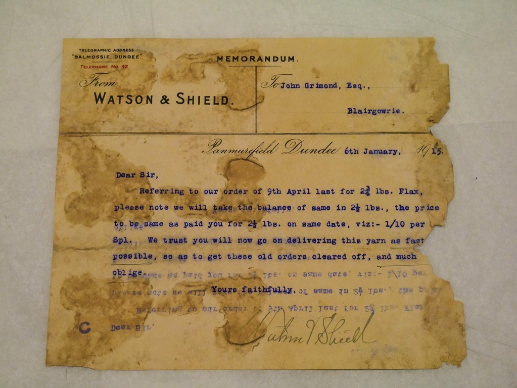 Memorandum by Watson & Shield to John Grimond, dated 6th Jan 1915 DUNIH 2017.1.25.6