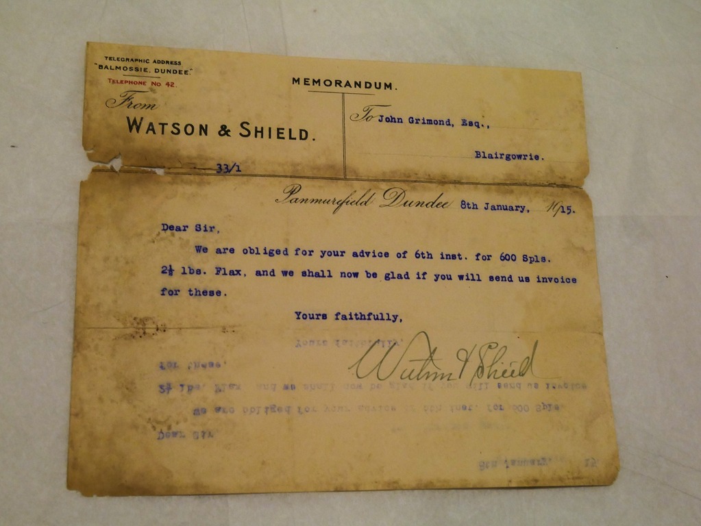 Memorandum by Watson & Shield to John Grimond, dated 8th Jan 1915 DUNIH 2017.1.25.7