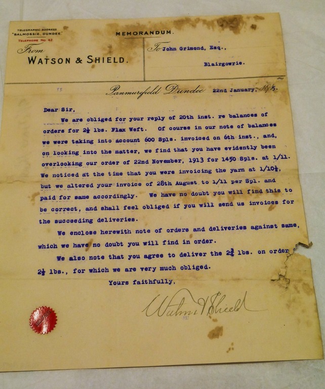 Memorandum by Watson & Shield to John Grimond, dated 22nd Jan 1915 DUNIH 2017.1.25.9