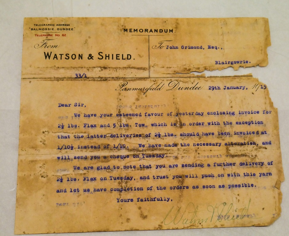 Memorandum by Watson & Shield to John Grimond, dated 29th Jan 1915 DUNIH 2017.1.25.11