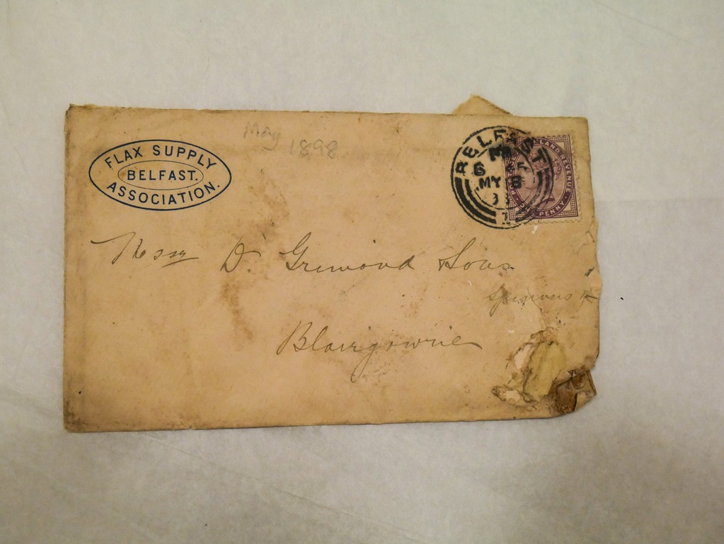 Envelope from Flax Supply Association sent to D Grimond, dated 18th May 1898 DUNIH 2017.1.27.2