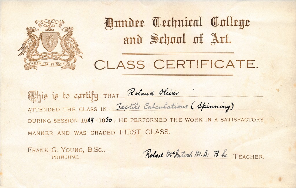 Jute Calculations (Spinning) Certificate from Dundee Technical College DUNIH 2017.14.5.5