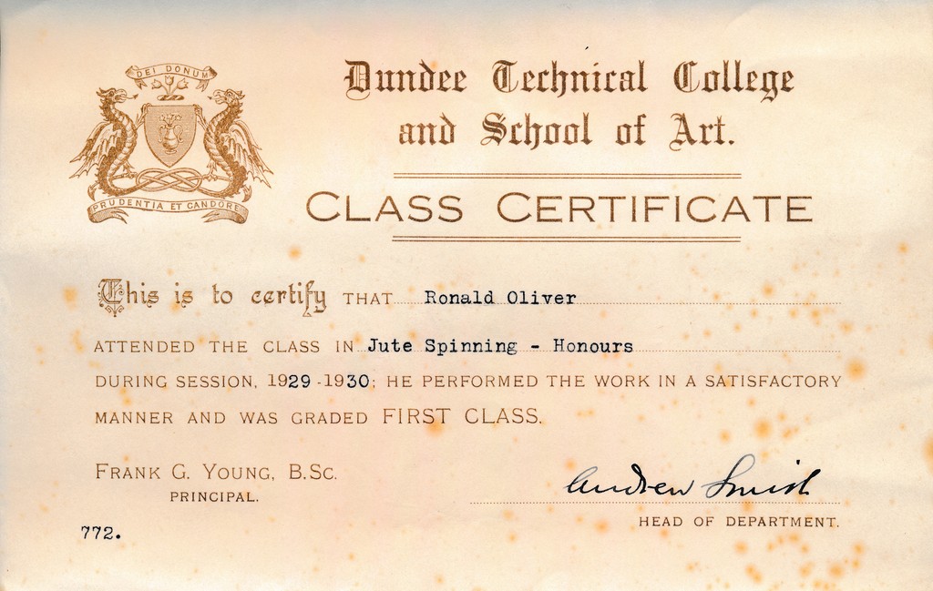 Jute Spinning (Honours) Certificate from Dundee Technical College DUNIH 2017.14.5.6