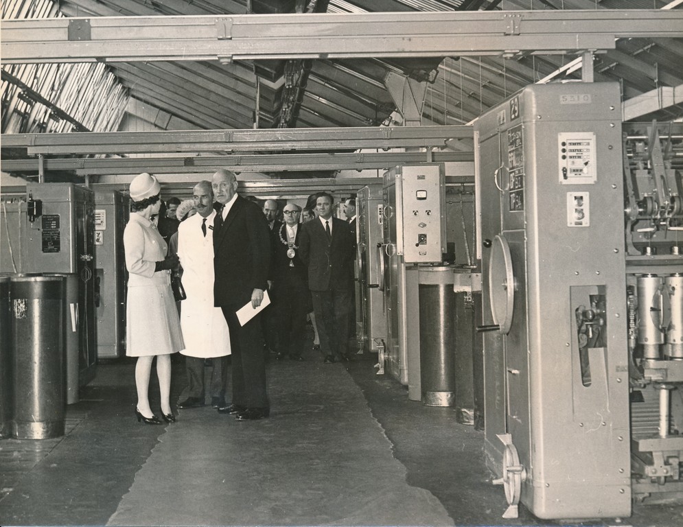 Photograph of the Queen walking through Spinning Department, May 1969 DUNIH 2017.16.2.13
