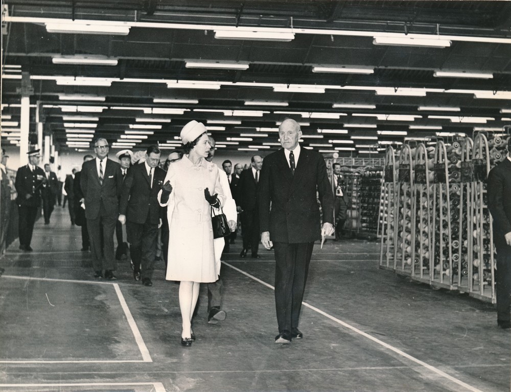 Photograph of the Queen walking through the Winding Department, May 1969 DUNIH 2017.16.2.15