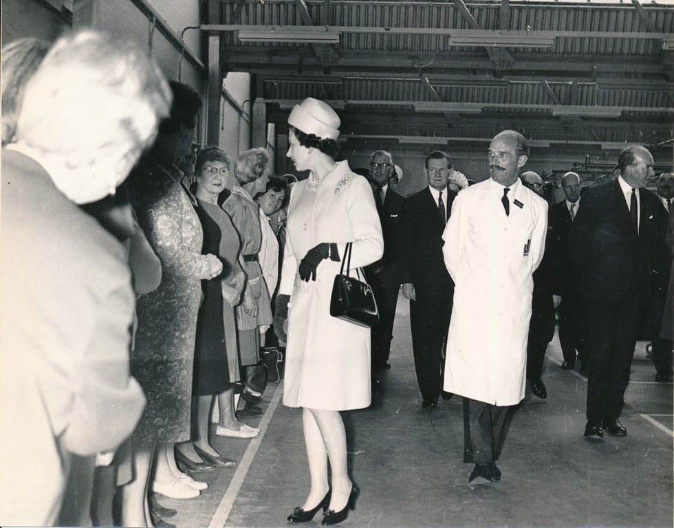 Photograph of the Queen talking to some of the Douglasfield Workers, May 1969 DUNIH 2017.16.2.19