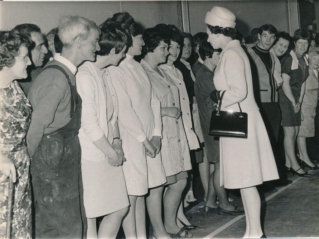 Photograph of the Queen talking to some of the Douglasfield Workers, May 1969 DUNIH 2017.16.2.20