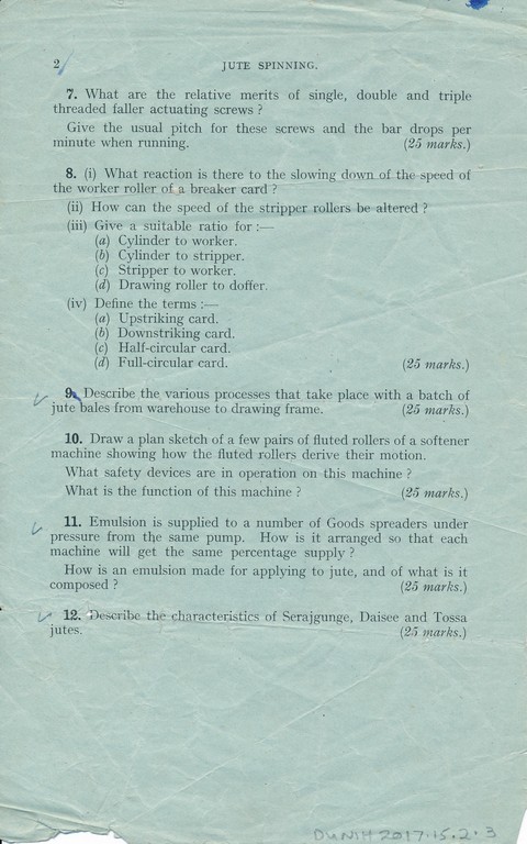City and Guild Exam Paper- Jute Spinning (Intermediate), dated 1951 DUNIH 2017.15.2.3
