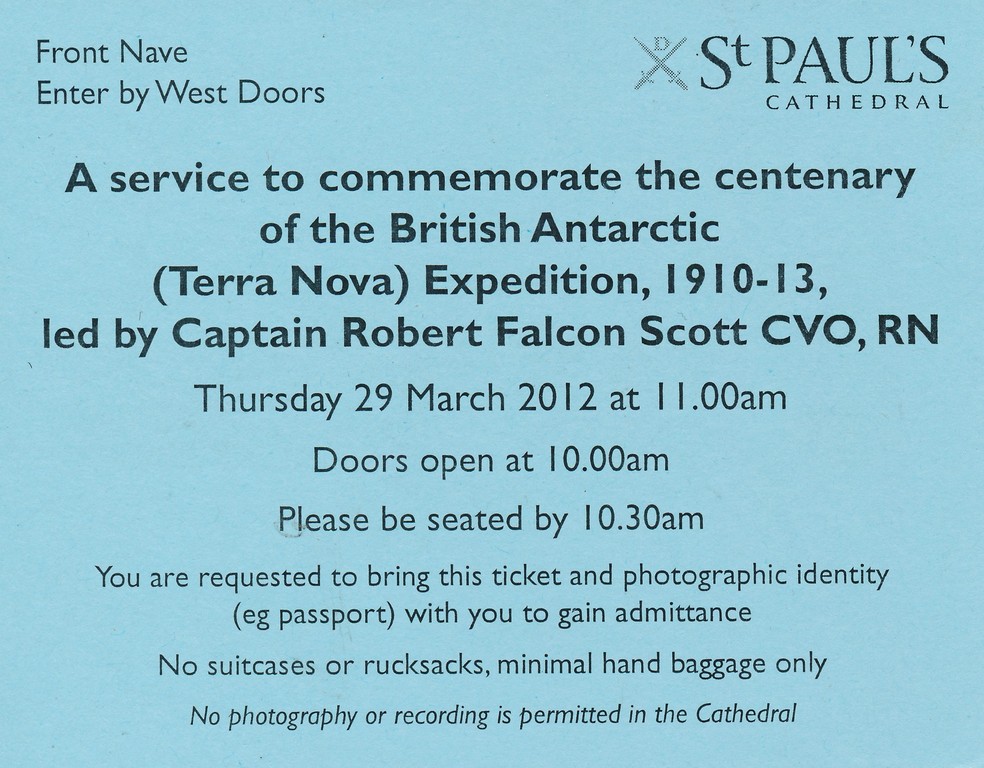 Ticket to St.Paul's ceremony re. Terra Nova Centenary DUNIH 2012.3.2