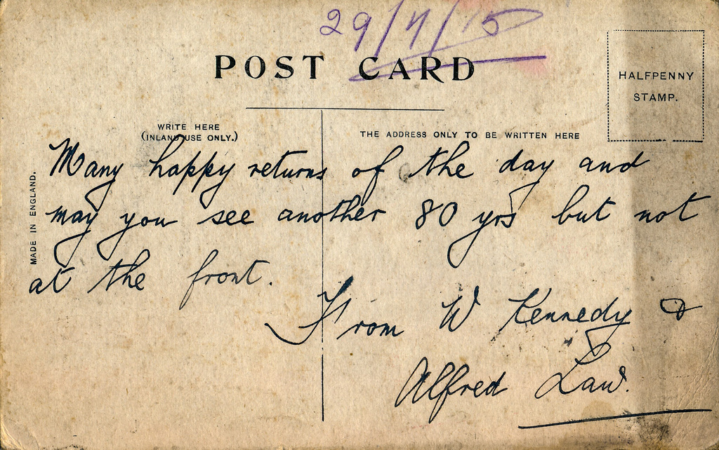 Postcard sent to William Kennedy&#39;s grandfather during WW1 DUNIH 2018.16.5