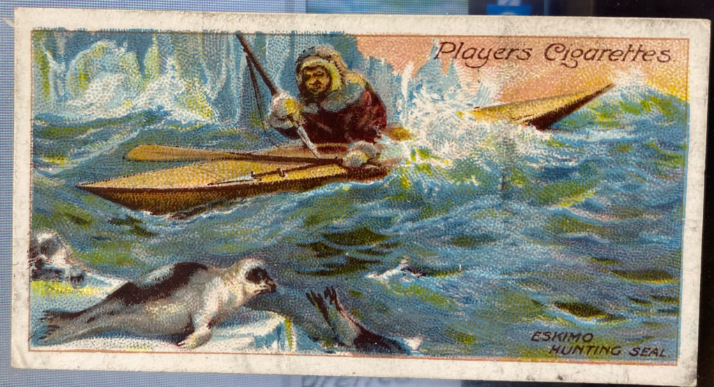 CIGARETTE CARD, first Series no.11 Eskimo Hunting Sealin a kayak, one of a collection of cigarette cards detailing Polar Exploration DUNIH 2022.18.11