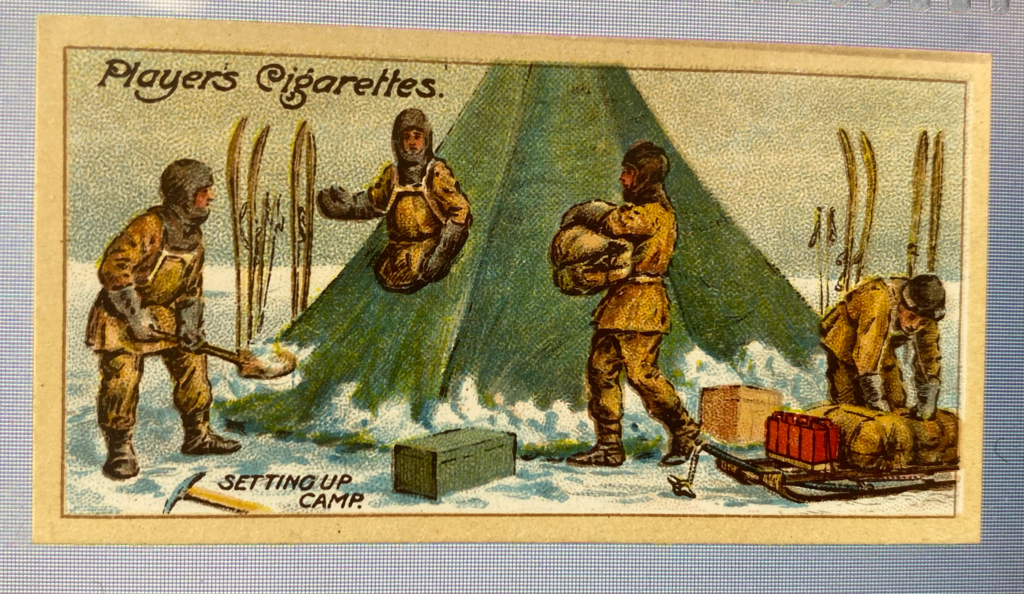 CIGARETTE CARD, Second Series no.10 Unpacking Sledge and Setting up Camp, one of a collection of cigarette cards detailing Polar Exploration DUNIH 2022.18.35