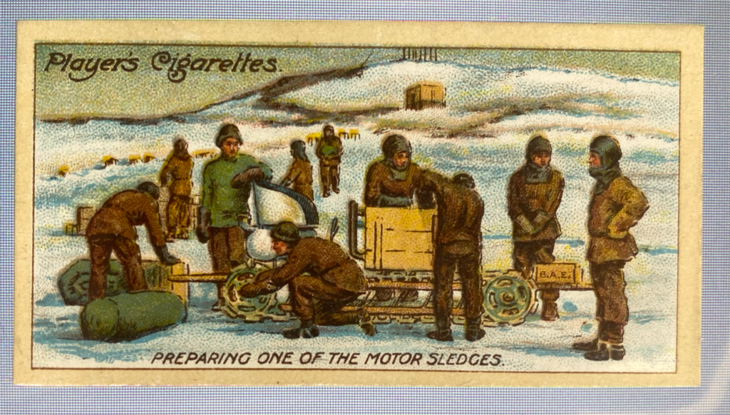 CIGARETTE CARD, Second Series no.13 Preparing one of the Motor Sledges for the Southern Journey, one of a collection of cigarette cards detailing Polar Exploration DUNIH 2022.18.38