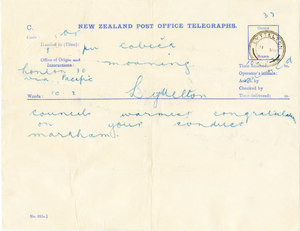 Image of Telegram sent by Markham congratulating Colbeck DUNIH 1.038