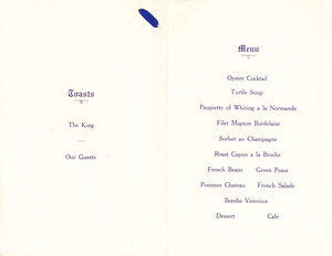 Image of Menu for dinner to welcome the BANZARE home DUNIH 1.179