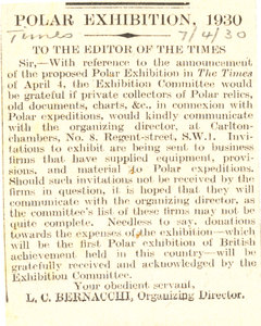 Image of Letter in the Times from Bernacchi re. Polar Exhibition DUNIH 1.269