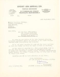 Image of Letter from Livesey & Aspinall re. oil for Winding Machine DUNIH 176.2