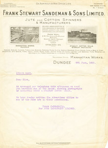 Image of Letter from Frank Stewart, Sandeman & Sons Ltd, 1922 DUNIH 2006.1.38