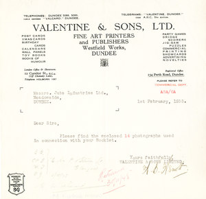 Image of Letter from Valentine & Sons Ltd. to Messrs. Jute Industries Ltd. regarding photographs DUNIH 2006.1.39