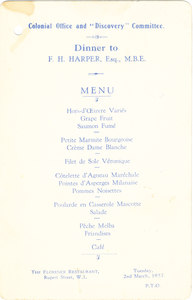 Image of Menu for 'Colonial Office & Discovery Committee Dinner' DUNIH 2008.60.2