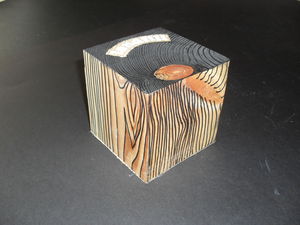 Image of Cube with wood grain pattern and "landfill" on jute label. DUNIH 2011.1.17