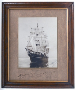 Image of RRS Discovery under full sail in signed frame DUNIH 2011.5