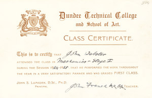 Image of Mechanics Stage I Certificate, John Webster DUNIH 268.2.2