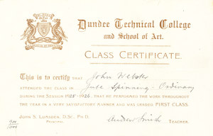 Image of Jute Spinning Ordinary Certificate, John Webster DUNIH 268.2.8