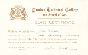 Image of Jute Spinning Honours Certificate, John Webster DUNIH 268.2.9