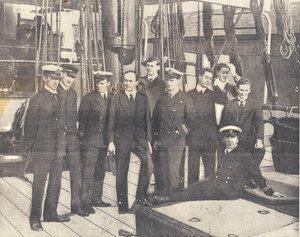 Image of Captain Scott and officers on deck Terra Nova. DUNIH 278.23