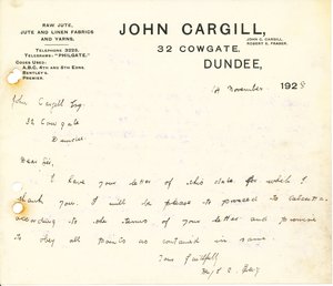 Image of Letter from S. C. Greig (?) to J. Cargill Esq., 14th November 1928 DUNIH 2016.11.47