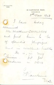 Image of Letter relating to examination of M. Donaldson, 5th November 1928 DUNIH 2016.11.48
