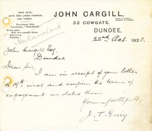 Image of Letter from J. T. Greig to J. Cargill Esq., 22nd October 1920 DUNIH 2016.11.50