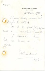 Image of Letter relating to examination of H. C. Greig, 12th November 1928 DUNIH 2016.11.54