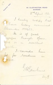 Image of Letter relating to examination of A. Myles, 2nd April 1930 DUNIH 2016.11.55