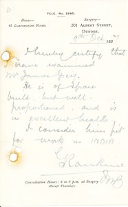 Image of Letter relating to examination of J. Greig, 9th October 1937 DUNIH 2016.11.56