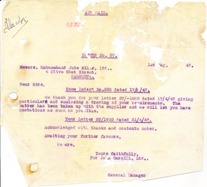 Image of Letter from J. Cargill to Hukumchand Jute Mills Ltd., 1st May 1947 DUNIH 2016.11.66