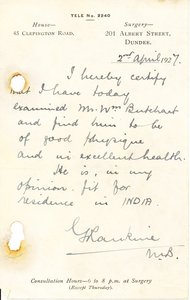 Image of Letter relating to examination of W. M. Butchart, 2nd April 1927 DUNIH 2016.11.70