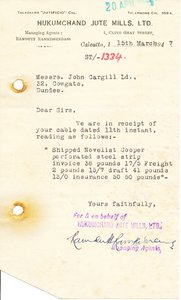 Image of Letter from Hukumchand Jute Mills Ltd. to J. Cargill Ld., 15th March 1947 DUNIH 2016.11.74