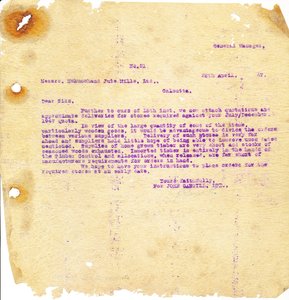 Image of Letter from J. Cargill Ltd. to Hukumchand Jute Mills Ltd., 28th April 1947 DUNIH 2016.11.80