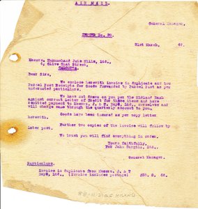 Image of Letter from J. Cargill Ltd. to Hukumchand Jute Mills Ltd., 31st March 1947 DUNIH 2016.11.88