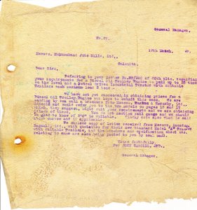 Image of Letter from J. Cargill Ltd. to Hukumchand Jute Mills Ltd., 17th March 1947 DUNIH 2016.11.92