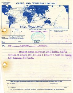 Image of Telegram to DLT Rambingh Calcutta, 6th March 1947 DUNIH 2016.11.103.2