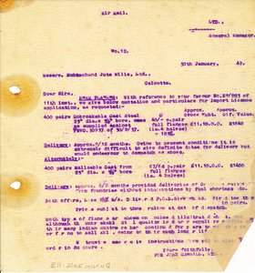 Image of Letter from J. Cargill Ltd. to Hukumchand Jute Mills Ltd., 30th January 1947 DUNIH 2016.11.113