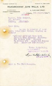 Image of Letter from Hukumchand Jute Mills Ltd. to J. Cargill, 6th February 1947 DUNIH 2016.11.116
