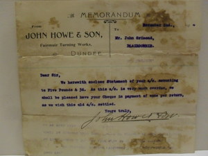 Image of Memorandum to Mr. J. Grimond from J. Howe & Son, 2nd November 1914 DUNIH 2016.40.29